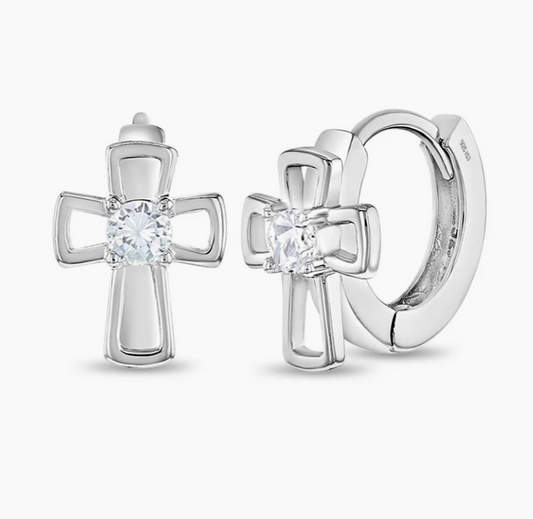 Crystal Cross Huggie Earrings | Sterling Silver