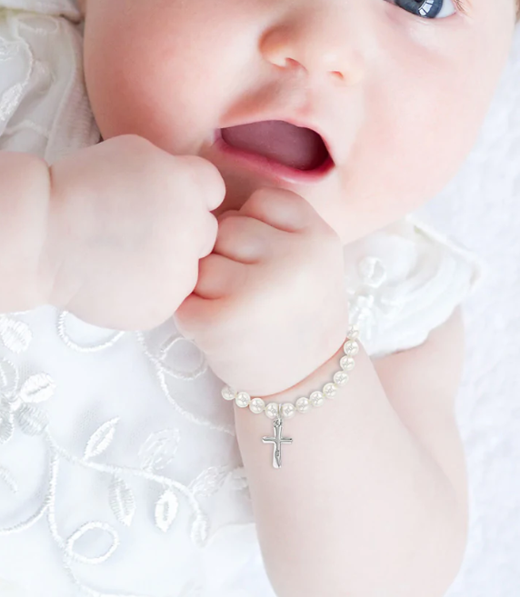 5" White Pearl and Cross Baby Bracelet | Sterling Silver