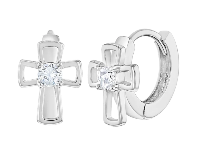 Crystal Cross Huggie Earrings | Sterling Silver