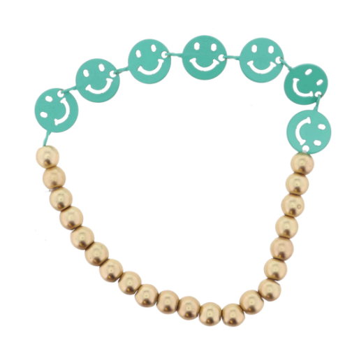 Gold Bead Bracelet | Teal Happy Faces