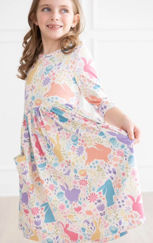 Pastel Floral Bunnies 3/4 Sleeve Pocket Twirl Dress