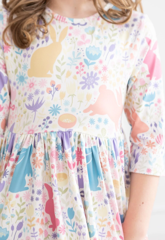 Pastel Floral Bunnies 3/4 Sleeve Pocket Twirl Dress