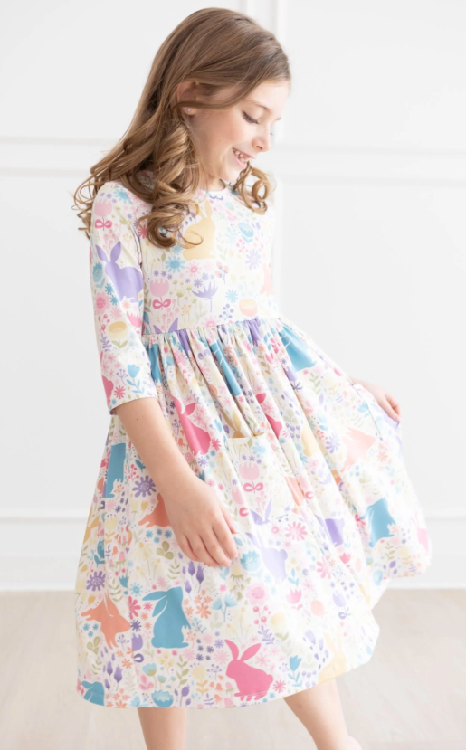 Pastel Floral Bunnies 3/4 Sleeve Pocket Twirl Dress