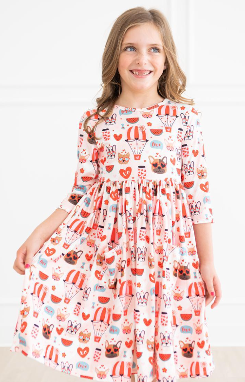 Puppy Love 3/4 Sleeve Pocket Twirl Dress