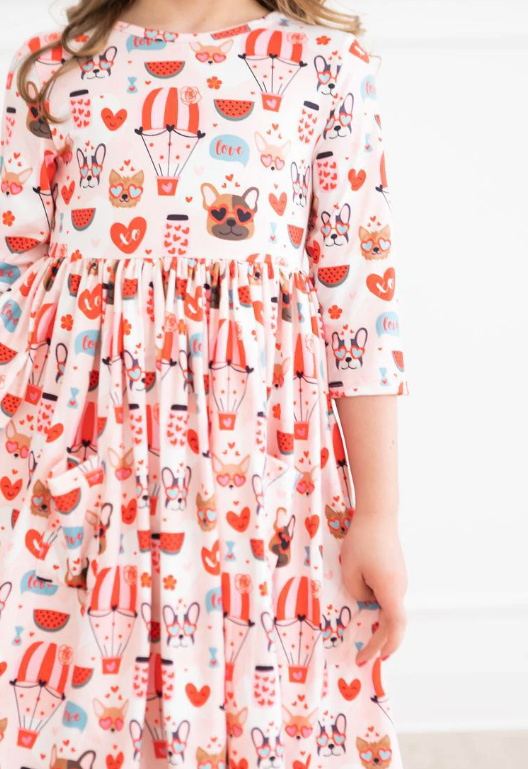 Puppy Love 3/4 Sleeve Pocket Twirl Dress